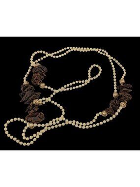 Vintage Cream Beaded Necklace With Faux Walnut Beaded And Gold-Tone Accents